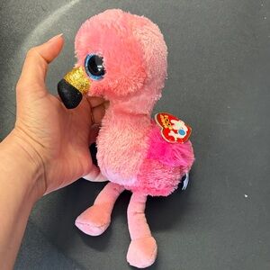 Ty Pink Flamingo Plush with Gold Glitter Beak and Blue Eyes